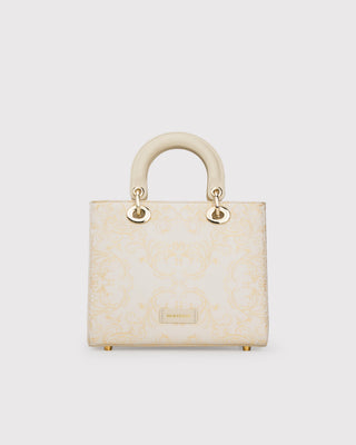 White Scroll Brocade and Leather Handbag