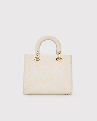 White Scroll Brocade and Leather Handbag