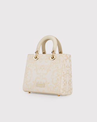 White Scroll Brocade and Leather Handbag