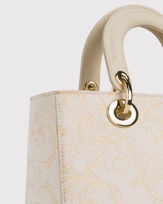 White Scroll Brocade and Leather Handbag