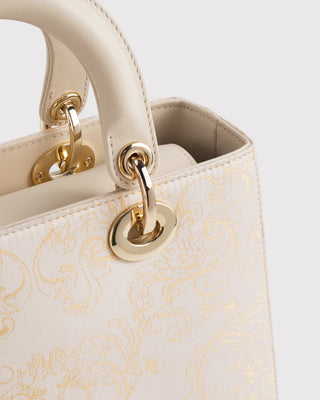 White Scroll Brocade and Leather Handbag