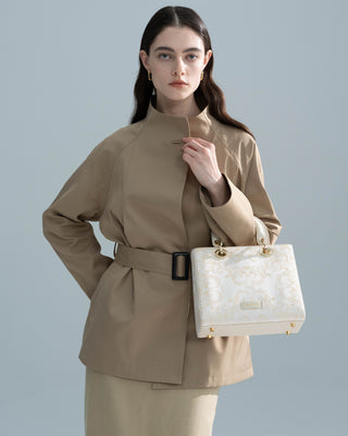 White Scroll Brocade and Leather Handbag