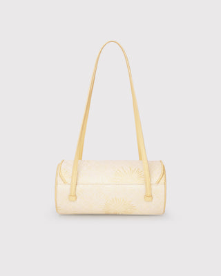 Yellow Fireworks Motif Silk Brocade Leather Cylinder Bag
