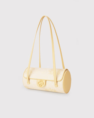 Yellow Fireworks Motif Silk Brocade Leather Cylinder Bag
