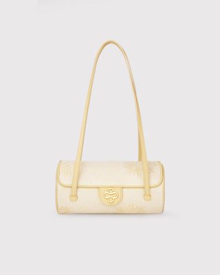 Yellow Fireworks Motif Silk Brocade Leather Cylinder Bag