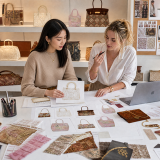 Handbag design sketch alongside finished product showing design and craftsmanship