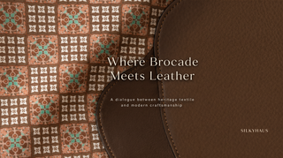Premium silk brocade with intricate traditional patterns, seamlessly joined with smooth genuine leather trim
