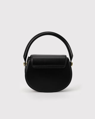 Back view of black leather crown handbag