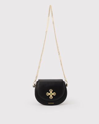 Open front view with chain of black leather crown handbag