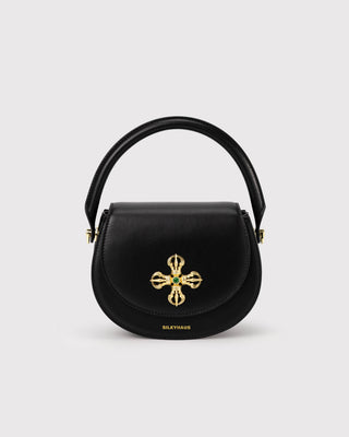 Front view of black leather crown handbag