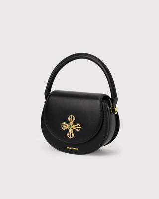 Left view of black leather crown handbag