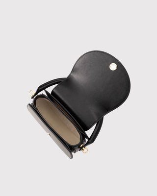 Top view of black leather crown handbag