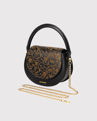 Black scroll pattern embroidered bag with metal chain shoulder strap